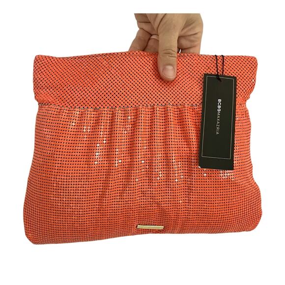 BCBG Orange Metal Mesh Clutch Handbag Aluminum Chain Mail 13”x8” NWT Purse - Picture 1 of 5